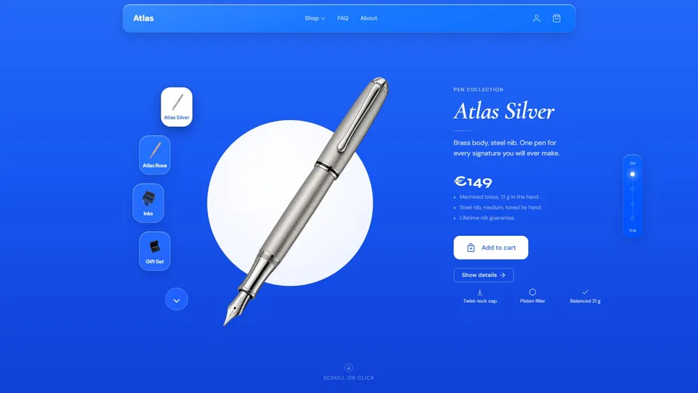 Atlas demo store: a fountain pen on a white disc