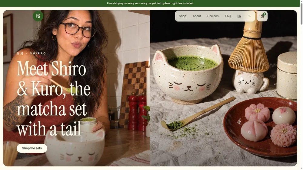 Shippo demo store: matcha set with a cat bowl