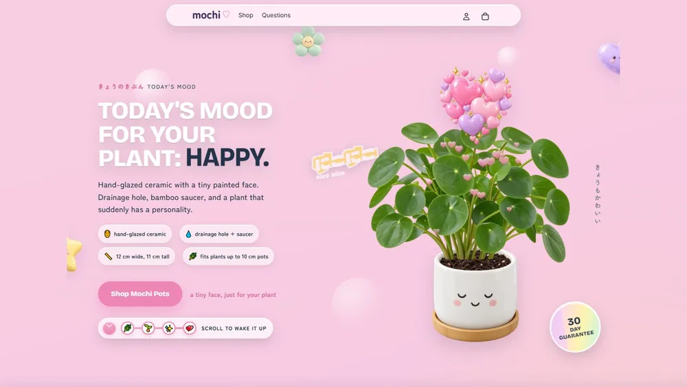 Mochi demo: a kawaii planter with a face and hearts falling over the plant