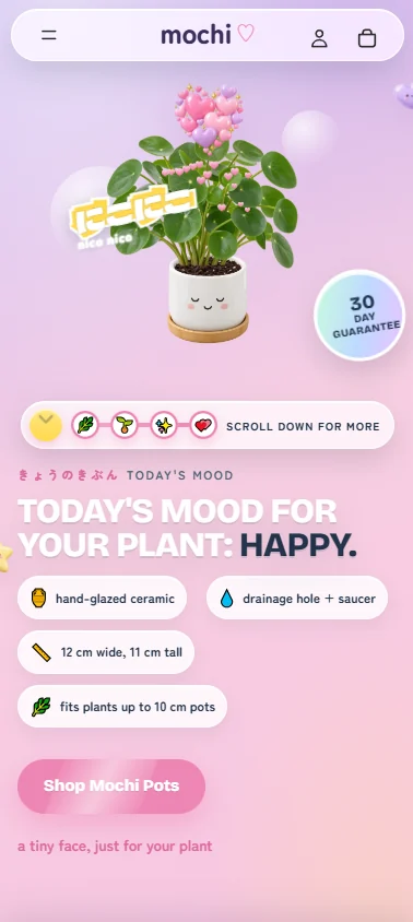 Mochi demo store on a phone: a smiling pot with a plant and a cloud of hearts