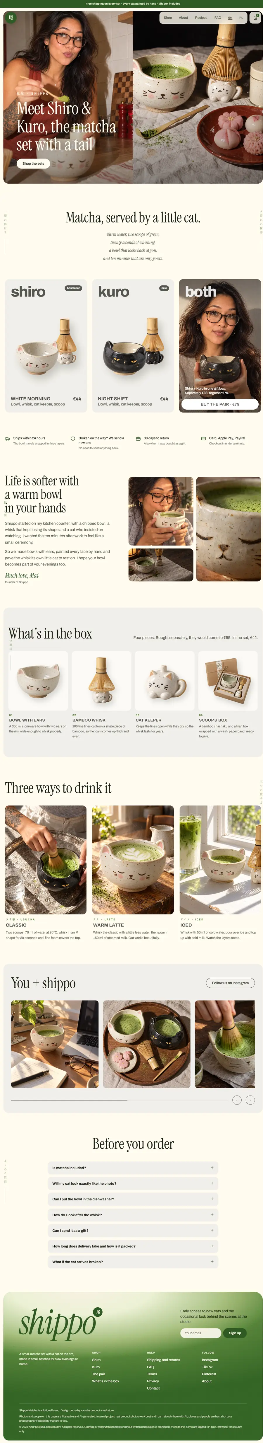 Full home page of the Shippo demo store: hero, product cards, founder letter, what is in the box, recipes, photo carousel, FAQ and footer